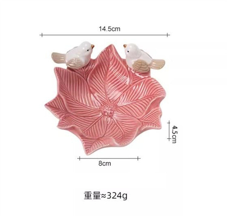小鳥と葉っぱのアクセサリートレイ(ピンク) 陶器製