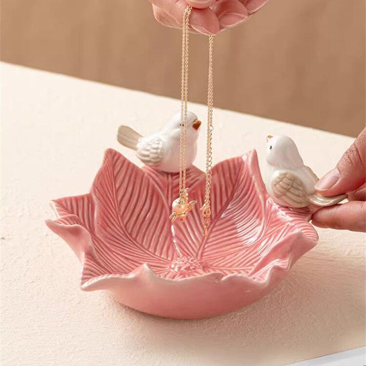 小鳥と葉っぱのアクセサリートレイ（ピンク） 陶器製