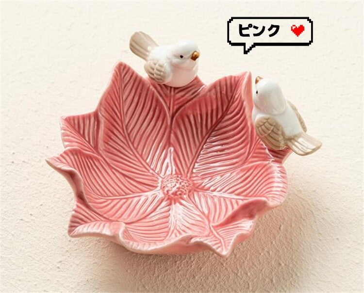 小鳥と葉っぱのアクセサリートレイ（ピンク） 陶器製